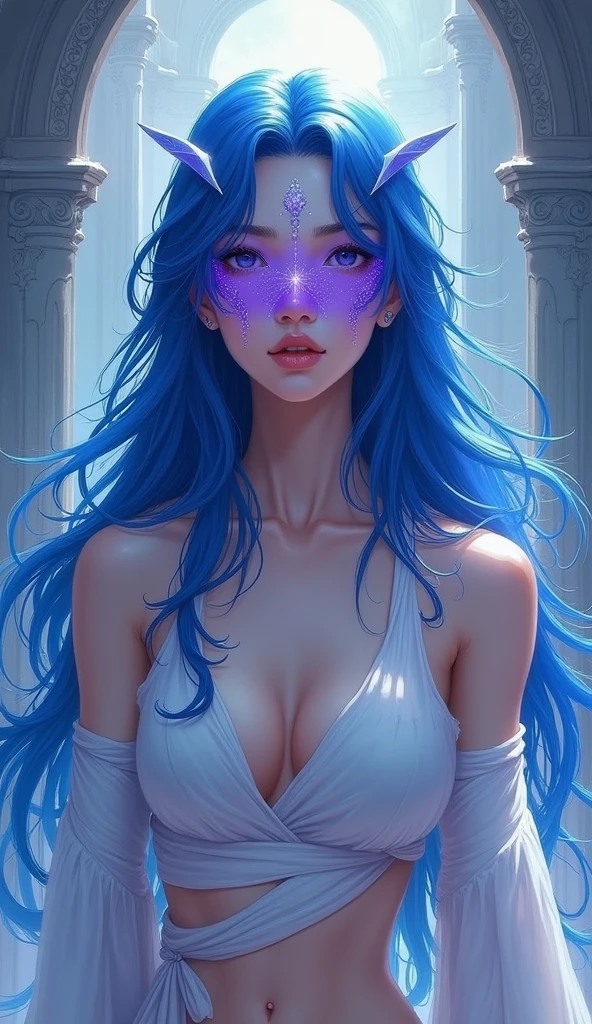 a full body of a woman in her 30s with blue hair and a purple mask, beautiful character painting, Guweiz, guweiz style art, blue haired deity, by Yang J, epic and exquisite character art, art of Awesome characters, by Fan Qi by Wuzhun Shifan, guweiz on pixiv artstation