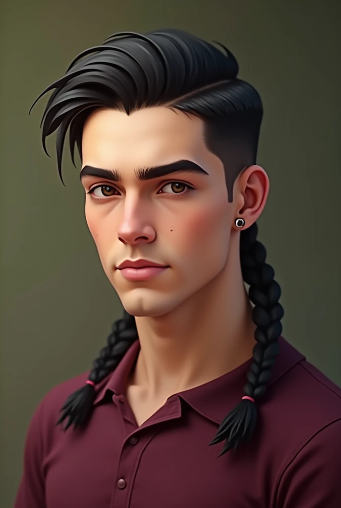 Man 19 old, brown eyes, oval face, short, straight, dark hair with a hairstyle that is slicked back, a wine-colored shirt, a pair of braids and defined eyebrows white skin and proportional ears
