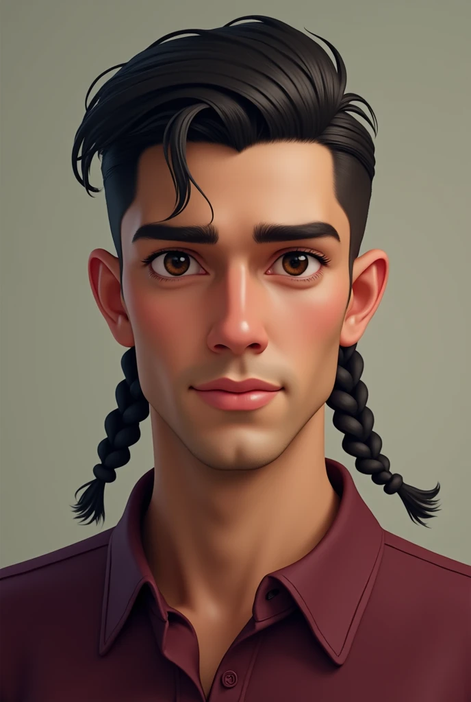 Man 19 old, brown eyes, oval face, short, straight, dark hair with a hairstyle that is slicked back, a wine-colored shirt, a pair of braids and defined eyebrows white skin and proportional ears
