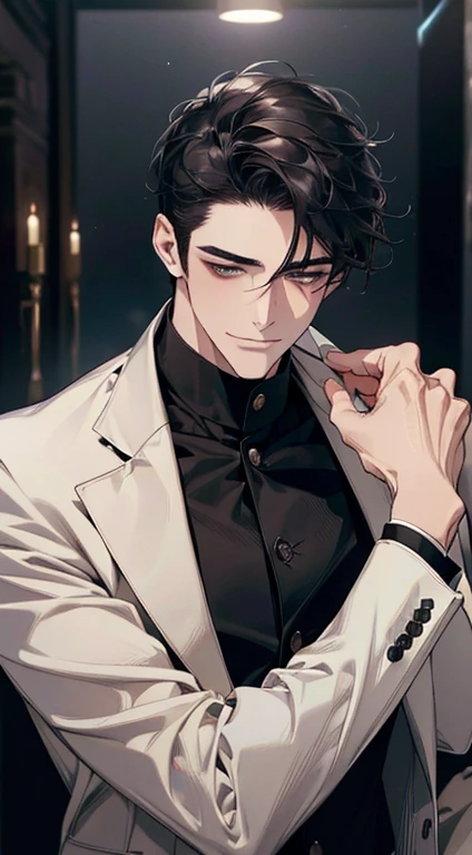 (best quality, masterpiece, 8K, photorealistic, cinematic lighting, 1:4 hdr image, ultra detailed, beautiful image), a mature man, very handsome, ((cold expression smile in love)), short black hair, black eyes, face perfect without mistakes, ((buttoning his jacket, CEO))