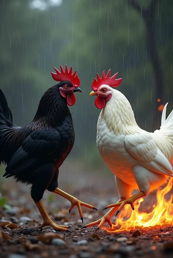 Natural background with black shade, small rain, two fighting height one chicken is black colour and another is full white chicken on air,both the chicken are Indian fighting breed, hard flame on sides of chickens,