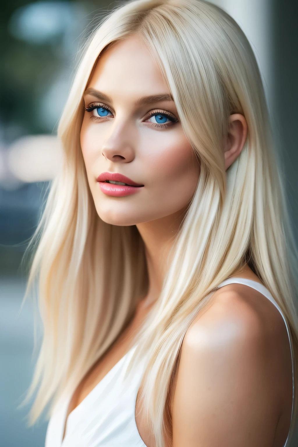 highest quality, 8K, masterpiece, photorealistic, High definition, sharp focus, 1 girl, 38 year old gorgeous fashion supermodel, bright white blonde hair, medium length hair, dull bangs, hair behind the ear, long hair, slender body shape, super detailed face, delicate lips, Moderate, beautiful eyes, lipstick, light blush, perfect shiny shiny skin, invite the gaze, view audience
