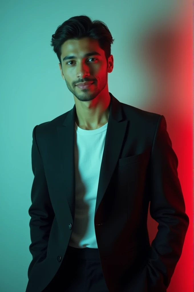 @๐ฅ_๐ ๐ข ๐ ๐ ๐_______๐ป๐ฌ:A young Man With Dark hair and a confident smile He is Dressed in a black blazer over a white shirt The man is positioned against aqua colour backdrop with a subtle red lighting on t