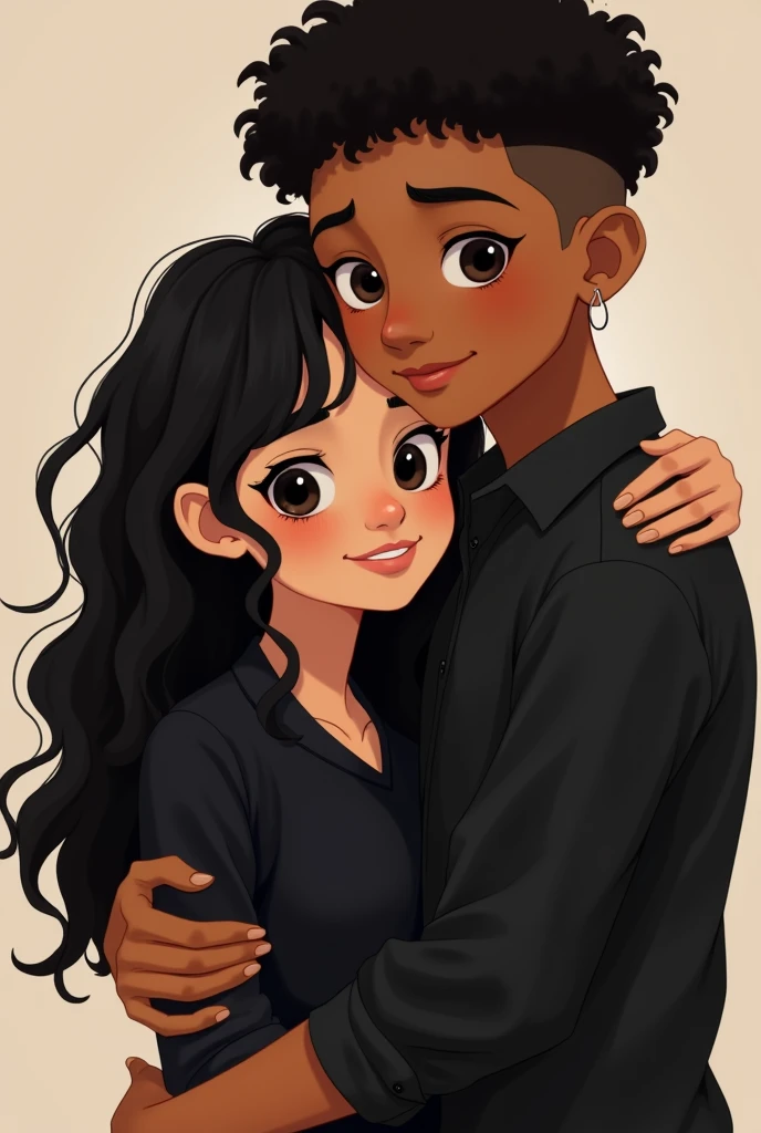 Light brown teenage girl,big black eyes with long loose wavy black hair smiling, wearing a black blouse. abraçando um garoto adolescente moreno cacheado curto com as laterais raspadas olho bem pequenos brinco na orelha wearing a black blouse 