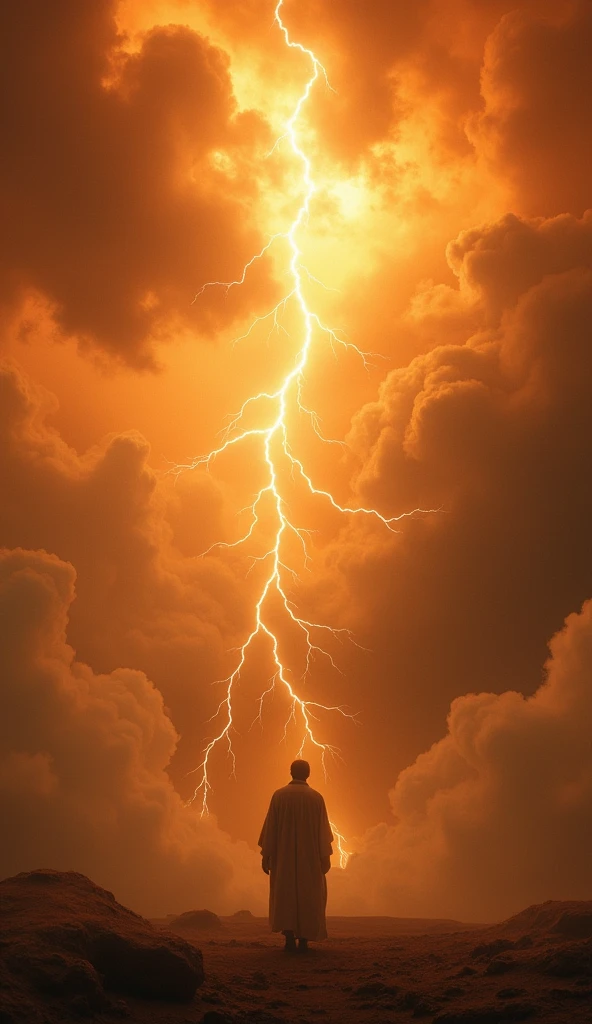 Ultrarealistic 8k Image, God speaking to Job in the midst of the storm, A stunning image of an orange-hued cloud or thunderstorm with lightning, symbolizing the presence of God as He responds to Job who is looking at Him in the midst of the storm.