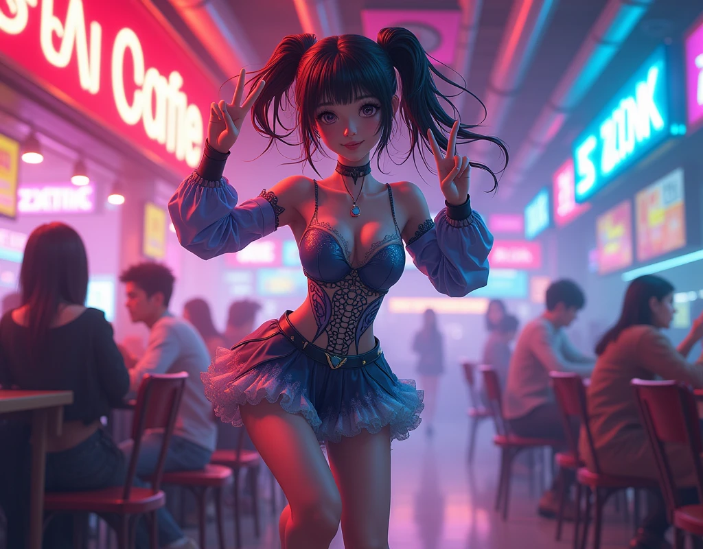 (photorealism:1.2), beautiful woman, extremely detailed,realistic style,scifi fantasy art,filigree,angle shot,Hyperdetailed,Hyperrealistic,photography of an cyber anime girl,jumps up at morning in a cafe,showing peace signs with hands,happy smile,32k ultra fine detailed,cinematic,photo realistic,dynamic lighting,masterpiece,high definition,stylized anime art,smooth,ultra high definition,ultra sharp focus,intricate artwork masterpiece,neon lights say:"FRIDAY!"