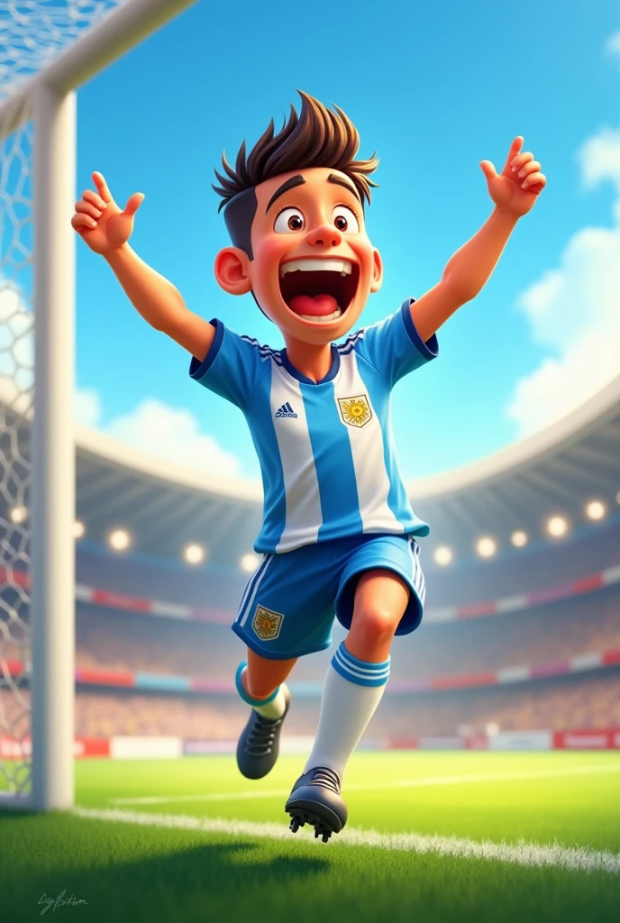 Animated soccer player in Argentina jersey celebrating a goal