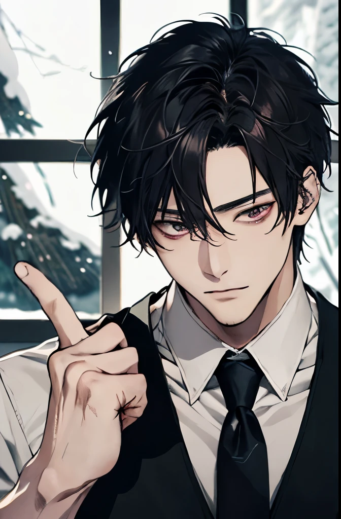 there is a man in white vest and tie standing in front of window with snowy night scenery. inspired by Hisui Sugiura, with very highly detailed face, it has a piercing gaze, handsome stunning realistic, anime handsome man, ultra realistic picture, inspired by Itō Ogura Yonesuke, character close up, sui ishida with black hair, half body picture with hand pose
