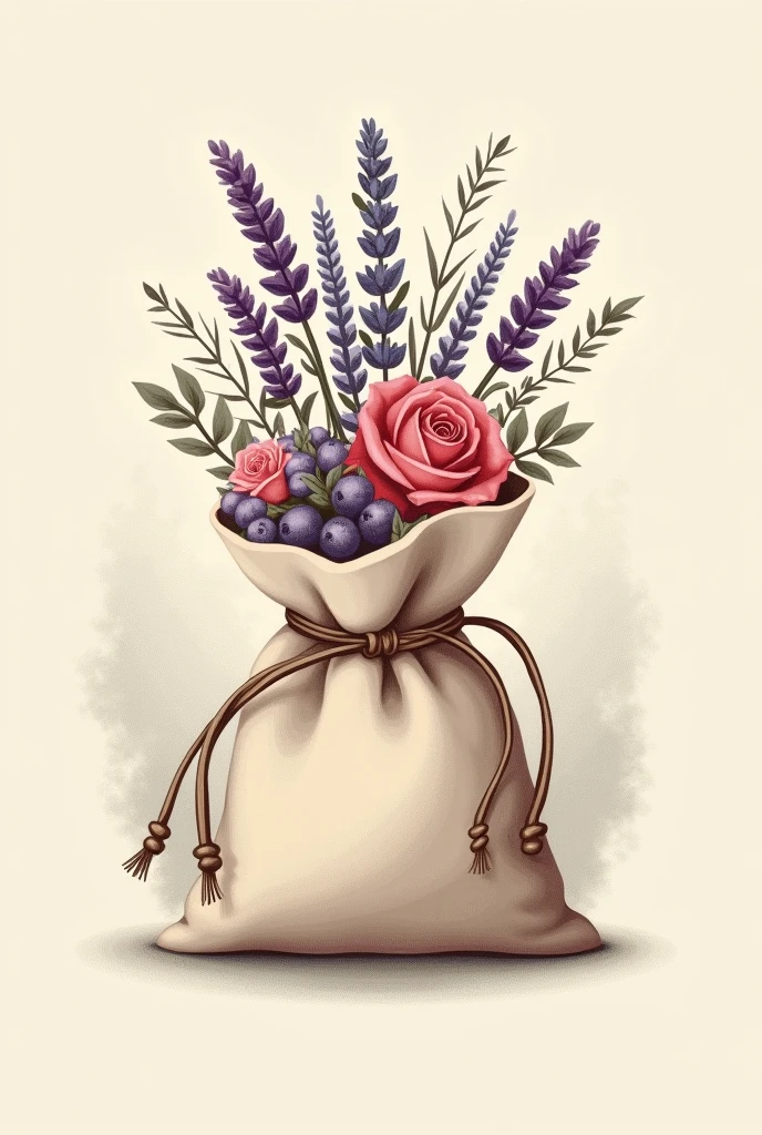 Draw me a logo for scented sachets, with a cloth bag and aromatic flowers coming out with vintage colors