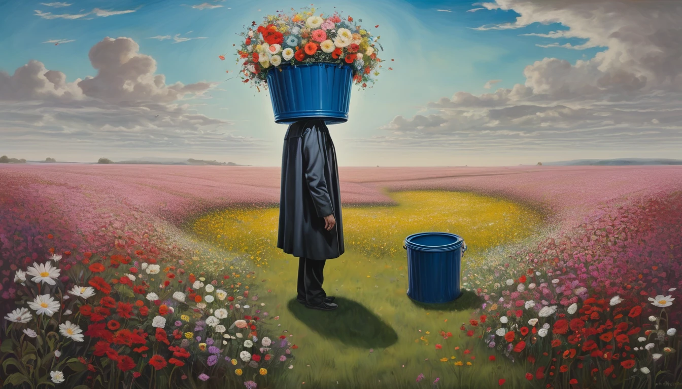 A surrealist painting of a person with a trash can for a head, standing in a field of flowers