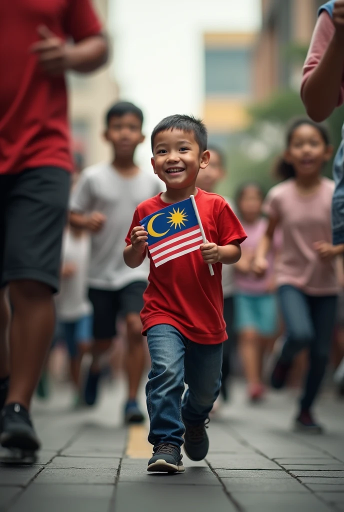 a young boy 5 year old . Smile . holding 1 miniature malaysia flags((perfect malaysia flag"), tilf shift photography, all people running quickly, one person standing still in the center, detailed faces, highly detailed, 8k, photorealistic, vibrant colors, dramatic lighting, cinematic composition