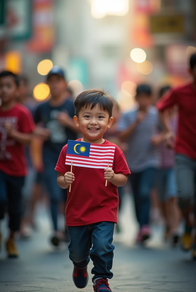 a young . Smile . holding 1 miniature malaysia flags((perfect malaysia flag"), tilf shift photography, all people running quickly, one person standing still in the center, detailed faces, highly detailed, 8k, photorealistic, vibrant colors, dramatic lighting, cinematic composition