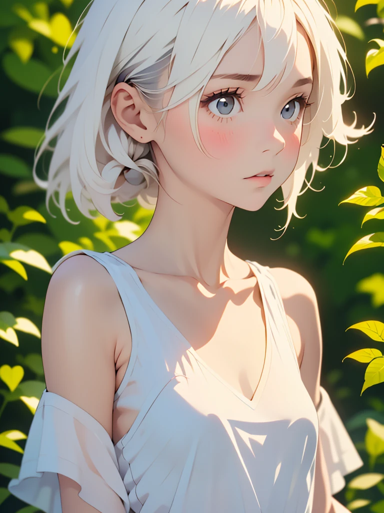 Low Leg, Low rise, albino, (((Realistic images))), Translucent white skin, White camisole, ((girl, Upper body angle)), the skin is transparent, Make the expression more realistic, thin, Soft and smooth white hair, Highlight wrinkles in clothing, Highest quality, High resolution, Extremely detailed 8K, (Ultra HD, Very detailed, Very detailed, Very Realistic, Ultra-realistic, Realistic), One Girl, One thumb, View 4 books, The underwear you are wearing is very soft and pleasant to the touch...., Stagnation, beautiful girl with a slim body, Waist-length white hair, Gray Eye Room, Chic monochrome room, Foliage plant,