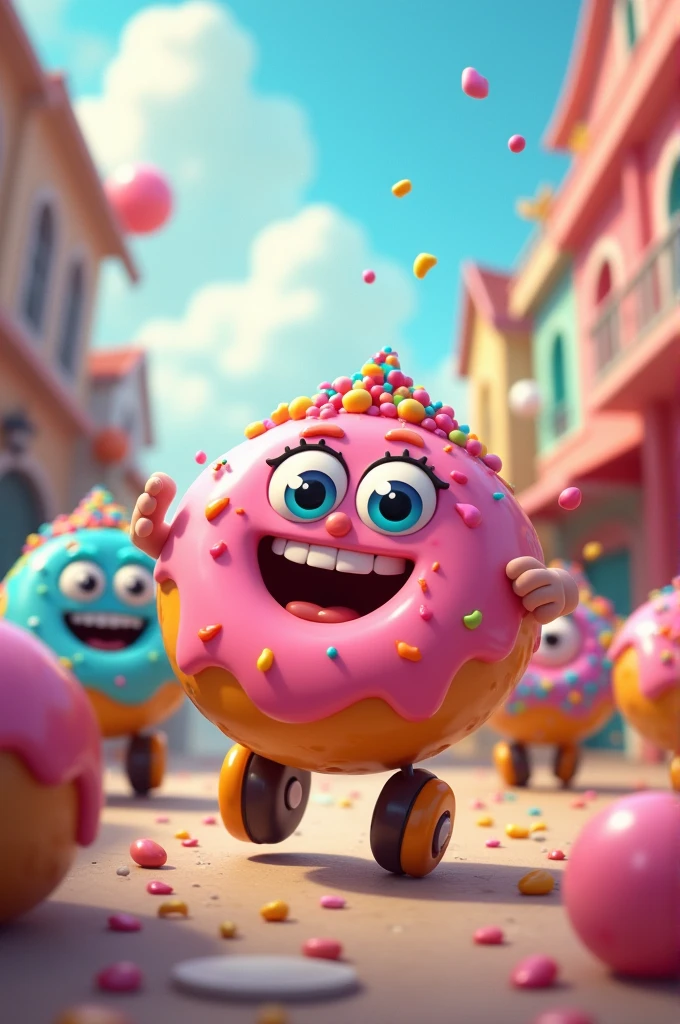 and animated donuts with feet, hands and wheels that are pretty