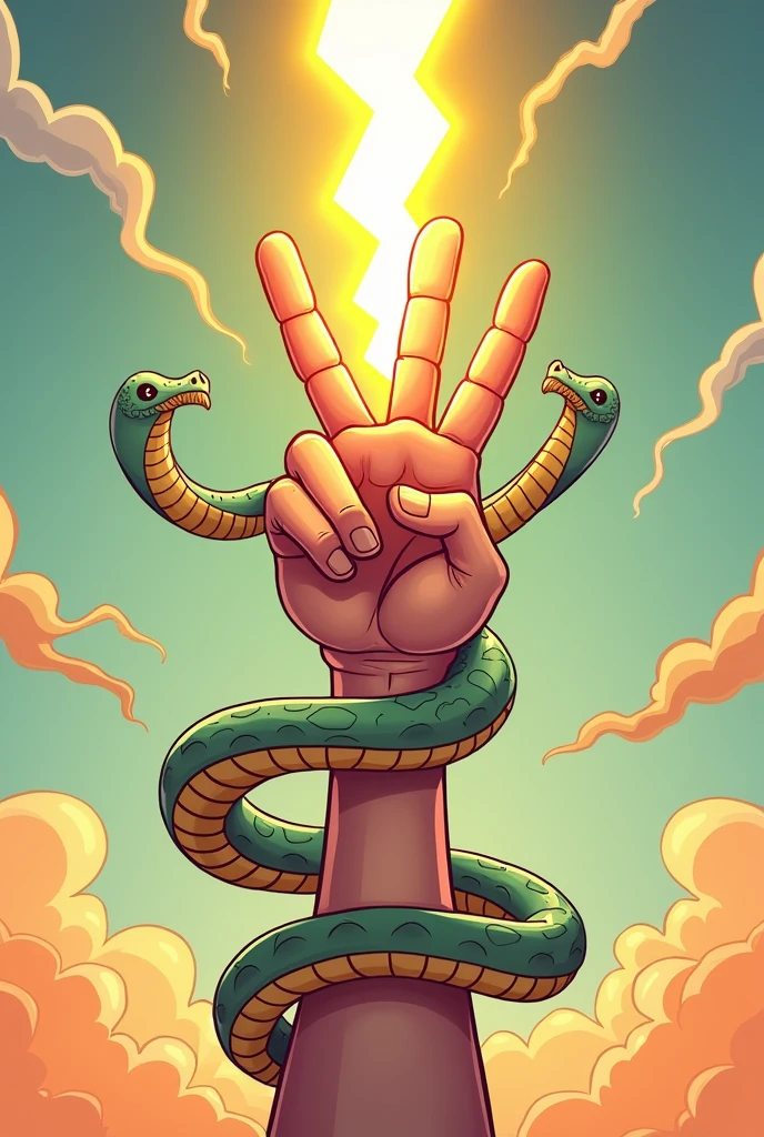 Create a cartoon style image of a hand holding a horizontal three-pointed lightning bolt and around the forearm wrapped 2 snakes