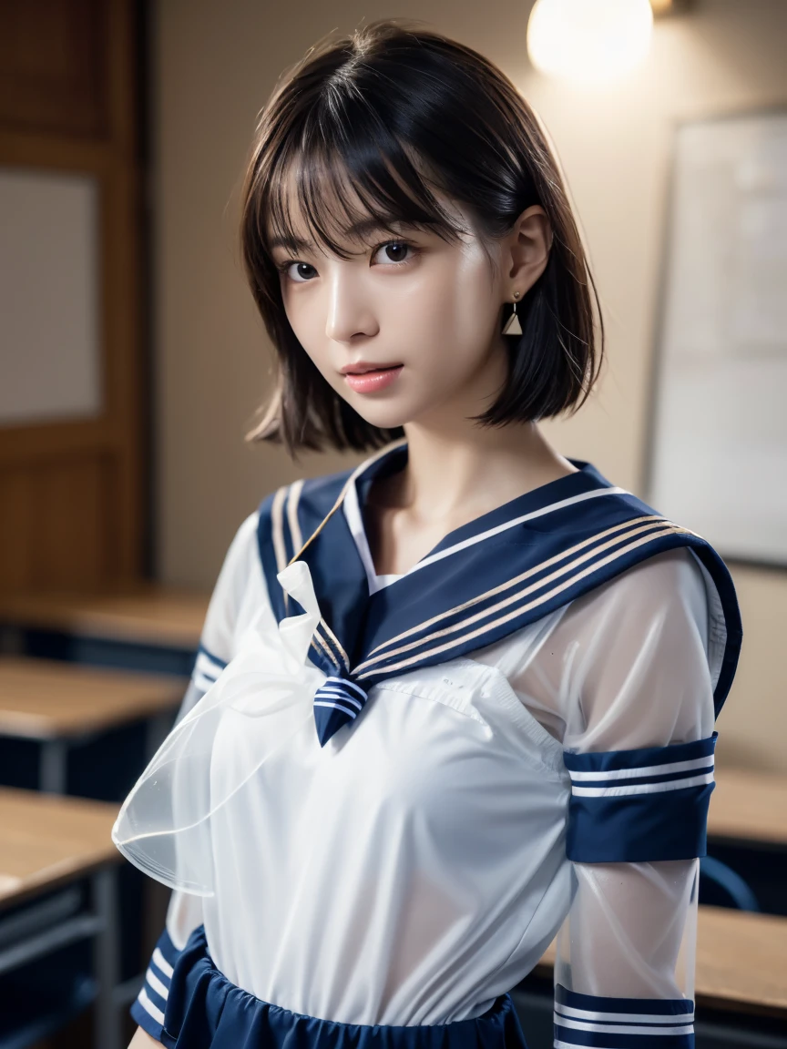 masterpiece:1.2, Very detailed, Ultra-high resolution, Realistic, photo Realistic:1.6, High-resolution RAW color photos, Professional photos, Sharp focus:1.2, Very detailed顔と肌の質感, Very beautiful eyes, Glossのある肌, Glowing Skin, Glowing Skin, Shining Face, Gloss, Oily skin, greasy face, Oily skin, greasy face,, real Glossのある肌 texture, Perfect Anatomy, Very detailed背景,(High school classroom at night),1 female,25-year-old woman, Japanese women,short hair, Straight hair, bangs, Brown Hair,((Flat Chest:1.6)), ,((A very see-through white short-sleeved sailor suit:1.8)),((Bra covered by sailor uniform:1.4)),Earrings、Smiling faintly、Seeking ,((Viewer discretion advised 1.8))