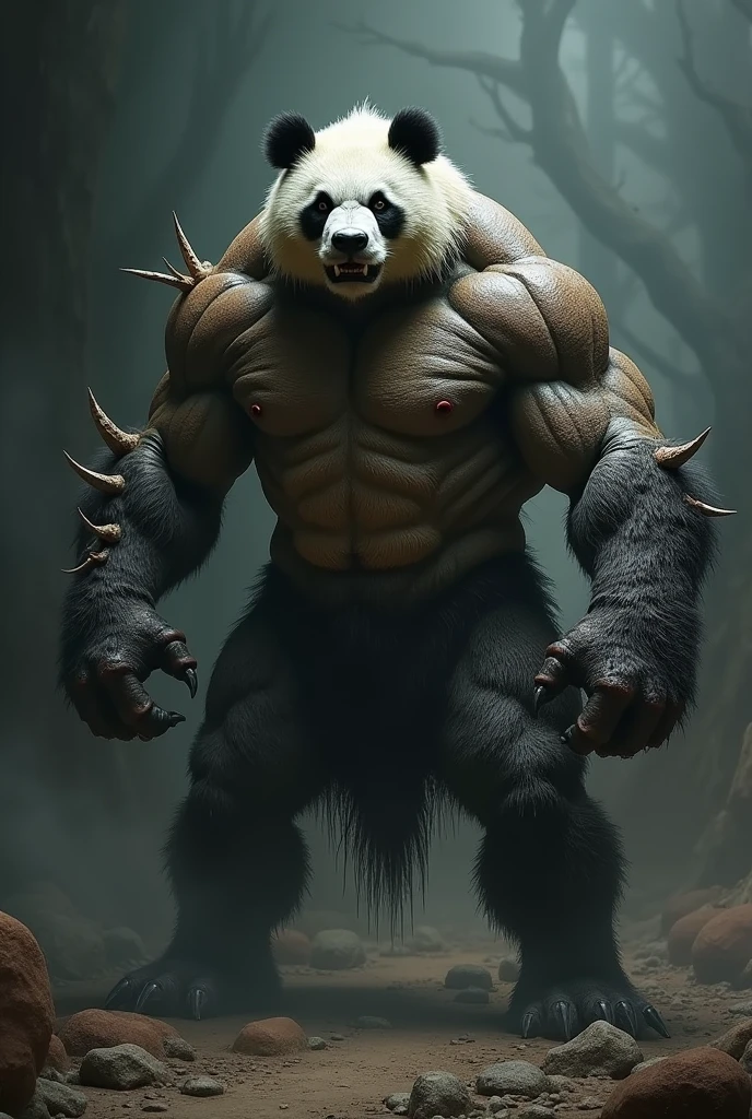 Create a fearsome, fully muscled panda and forest bull hybrid with hyper-realistic, rugged skin and scales, against a dark, intense background for a truly shocking effect."