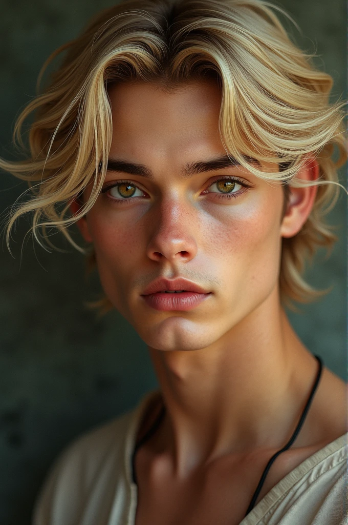 A young man with blond hair and honey-colored eyes
