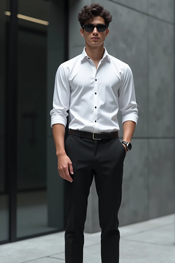 A young man with black pant and white shirt official dress.he is wearing a watch and a sunglasses.he is standing against a gray wall with black glass.his hair is dark ,short and curly.