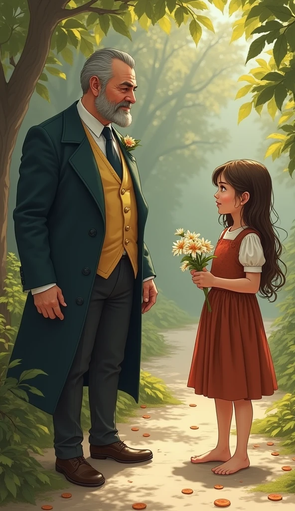 Victor is a tall, middle-aged man in his late 40s, always dressed in luxurious garments. His tailored suits are made of fine fabrics, and he often wears a gold ring to symbolize his success. He has a neatly trimmed beard and a stern, serious expression, with sharp eyes that are always calculating and Lily is a young girl, around 10, with a delicate and innocent look. Her long, unkempt brown hair frames her face, and she’s dressed in simple, worn clothes. She’s often barefoot, showing signs of her impoverished life, but her bright smile and sparkling eyes are her most striking features, radiating warmth despite her circumstances. Illustrate the scene where Victor approaches Lily and asks why she smiles when she has nothing. Show Lily’s kind-hearted response, with her hand holding flowers, explaining that love brings her joy. Have Victor toss her a gold coin, thinking that wealth is what she truly needs.