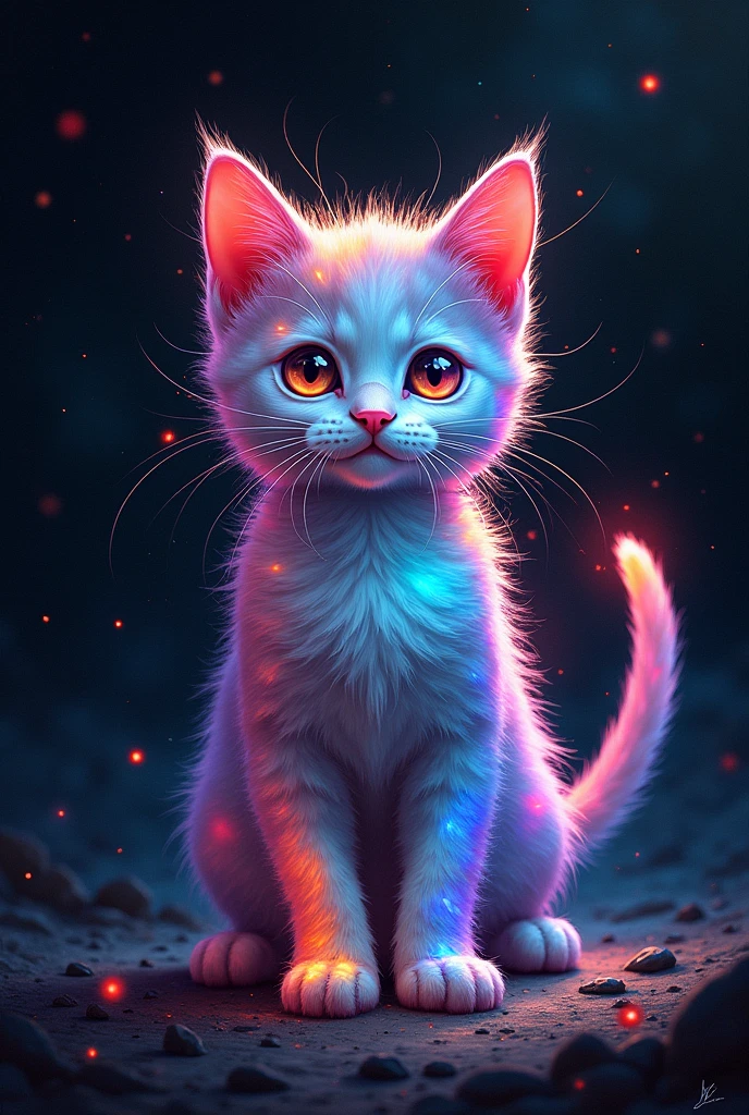 a painting of a colorful kitten on a black background,, breathtaking rendering, within a radiant connection, inspired by Kinuko Y. Craft,, magical elements, kitten icon, wow, is beautiful, casting a multi colorful spell, bright flash, flash
