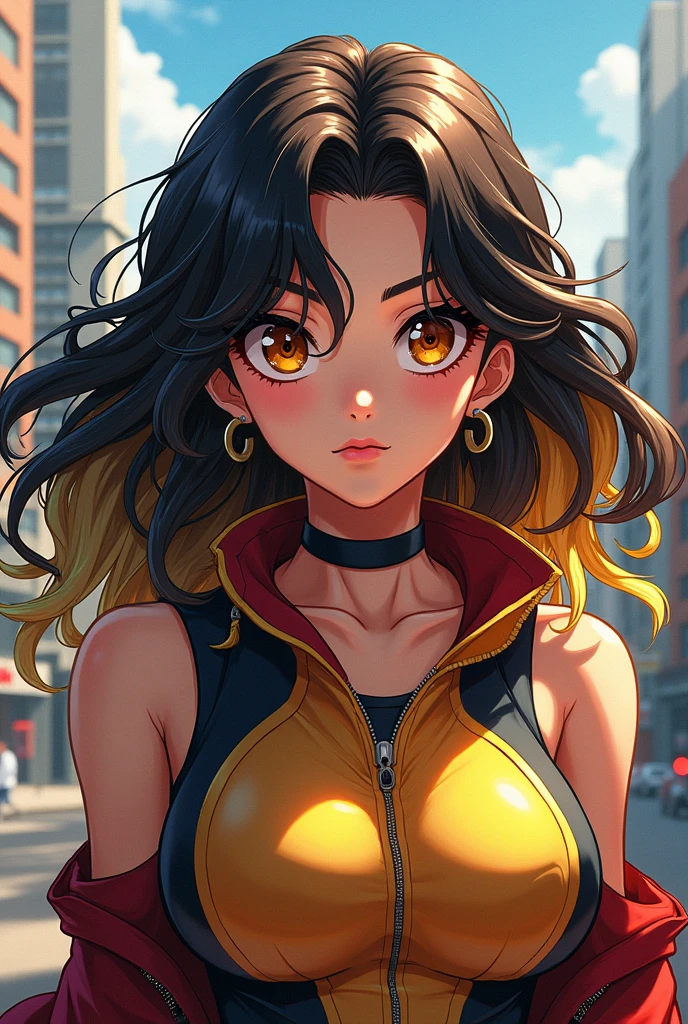 MHA oc with wavy dark brown hair with blonde highlights, güerita