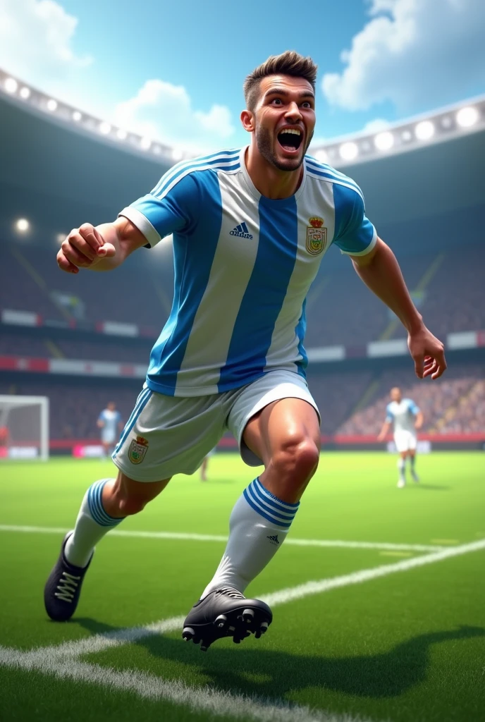 Realistic animated soccer player in Argentina jersey celebrating a goal in a corner of the field