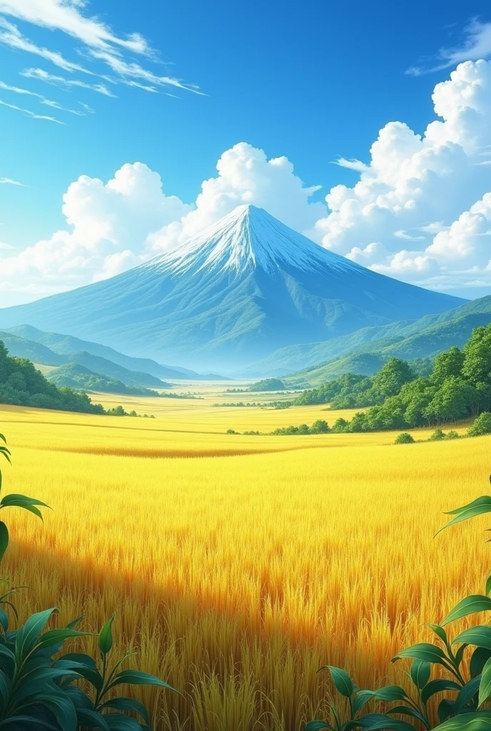 masterpiece, Highest quality,A sea of golden rice、Distant Mountain、blue sky、cloud、