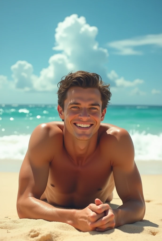 Make a picture of Tom Holland lying on the beach face up and smiling and naked make it realistic