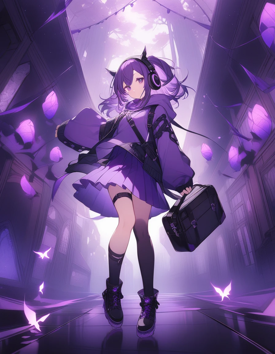 Keito。Purple eyes。Purple Hair。Purple Skirt。Black shoes下。Black shoes。Purple hoodie。Headphones。Fantasy。