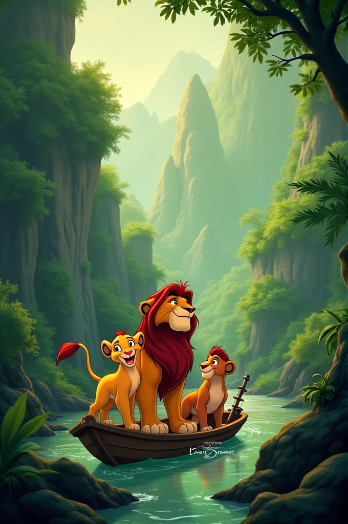 Characters from the lion king, With us , rudder, Pump, zuzu , landscape in green tone , Mountain , jungle