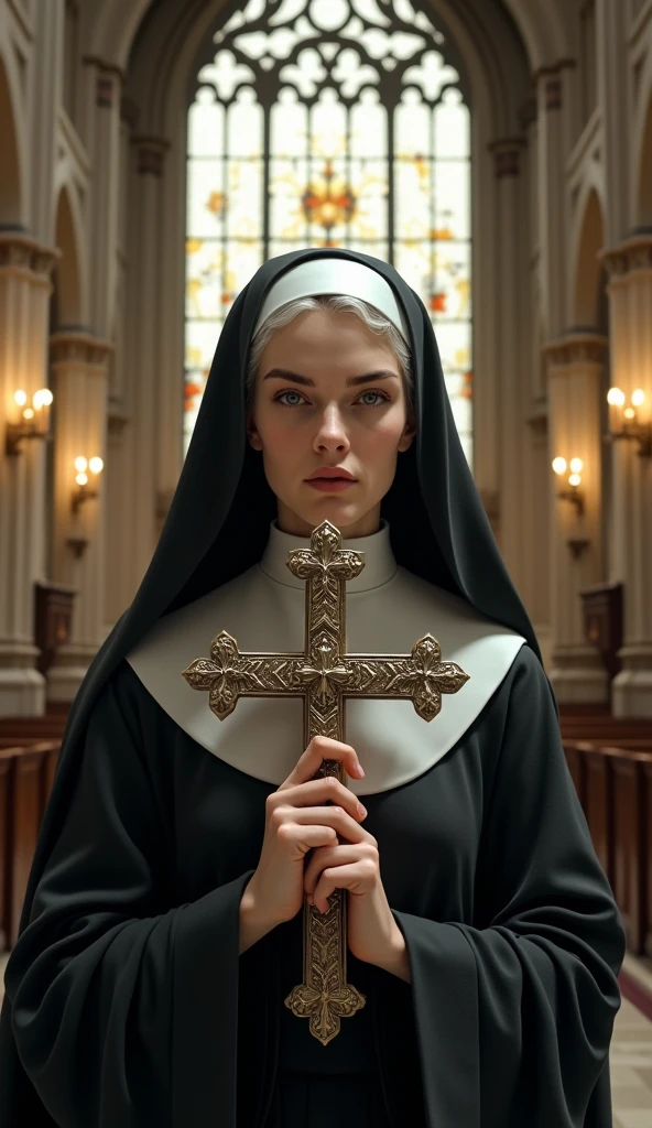 nun, Cross up, Bible, White hair, church, realistic and detailed eyes  
