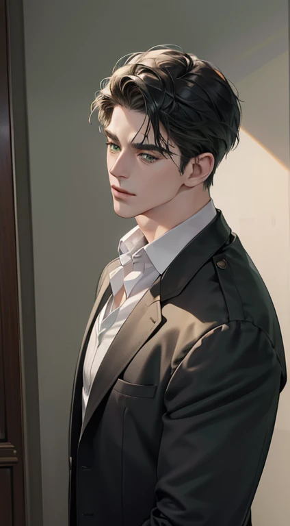 (best quality, masterpiece, 8K, photorealistic, cinematic lighting, 1:4 hdr image, top view, ultra detailed, beautiful image), a mature man, very handsome, short black hair, green eyes, perfect face without errors , ((buttoning his jacket, CEO))