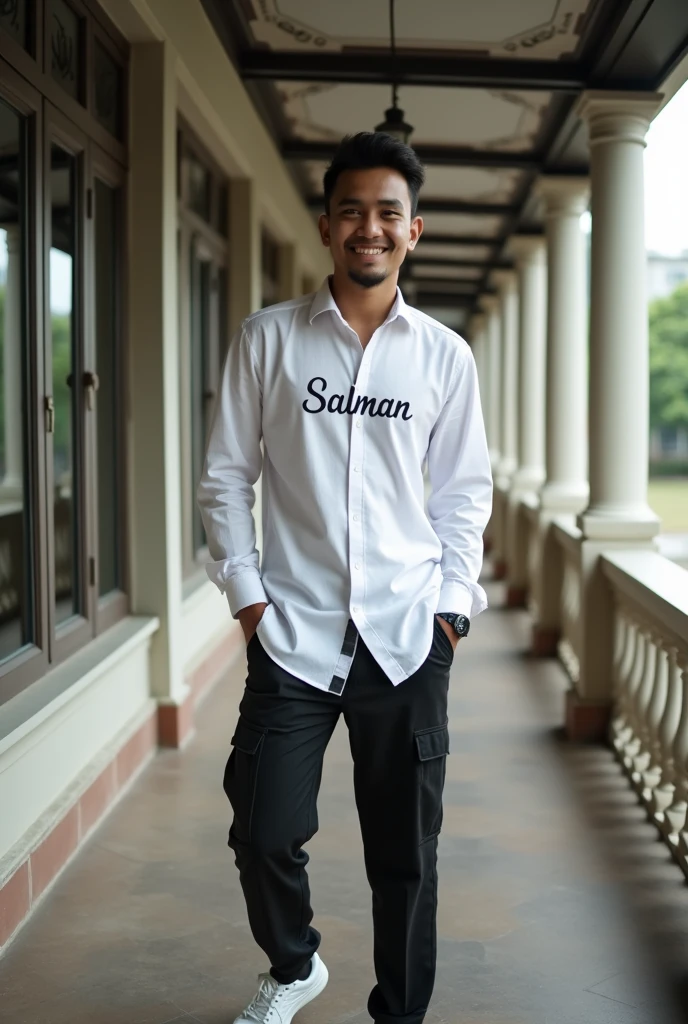 TikTok profile photo of an adult Indonesian man wearing a white shirt with the words "SALMAN" written on it, Black pants with white shoes tiktok logo with follower background, veranda tick