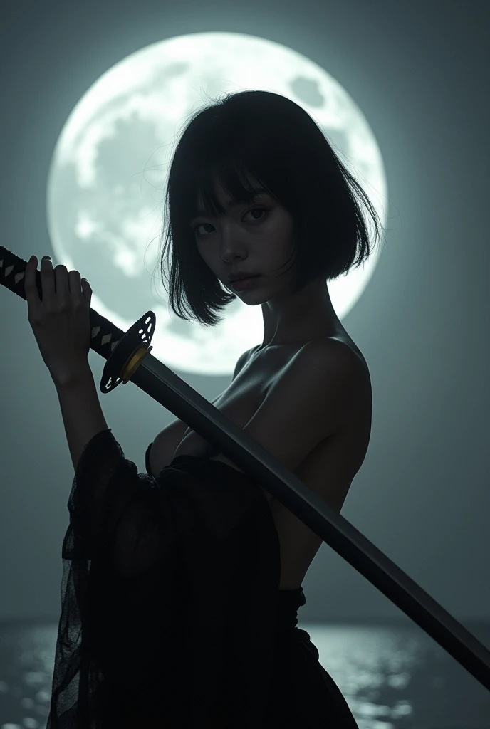 Black and White　Japanese sword　Beauty　Gal　Moonlit Night　short hair　photograph　Changing clothes　Big Breasts
