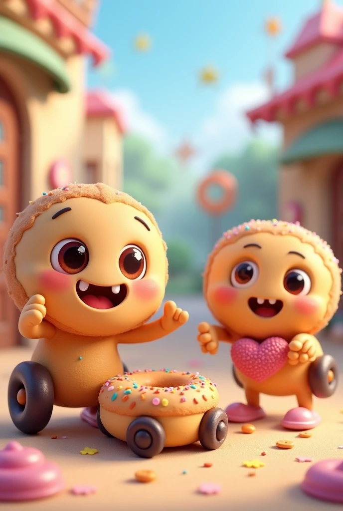 3 images of animated donuts with feet, hands and wheels that look cute