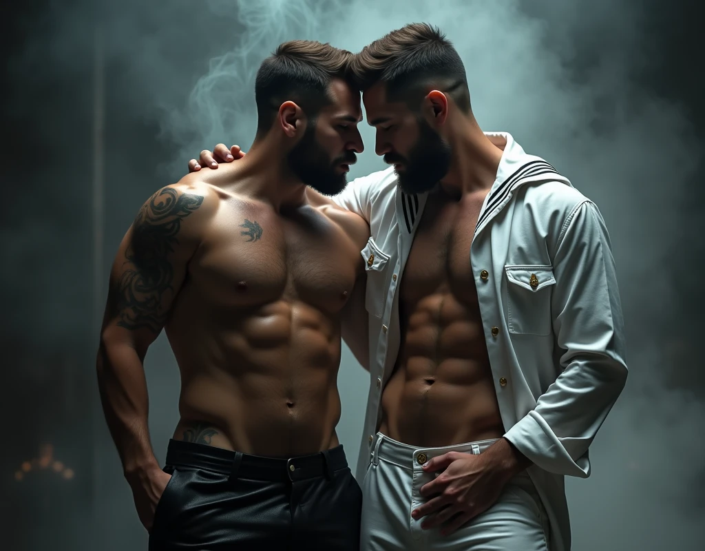 Two men! man in leather and a naval soldier. Wearing a white sailor suit!,, gay art, Finnish style Tom, Finnish Tom, bearded sexy sailor suit triangle thongs, more details, background scattering 1.8 HD 8k real photos! Sex. Chest muscles! Chest hair! ((Monochrome)), ((grayscale)),tattoo. white hair Smoke, movie feeling! Movie lights! Award-winning poster Ambiguous and teasing