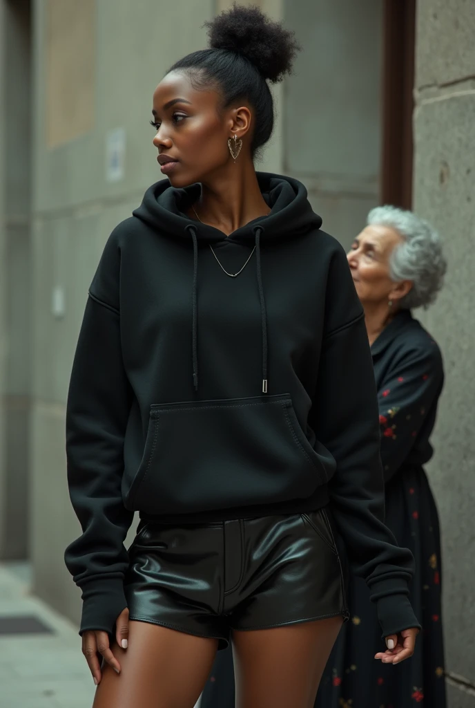 black woman hair in a bun black hoodie black leather short shorts a old grandma in a dress on her knees kissing her ass behind her
