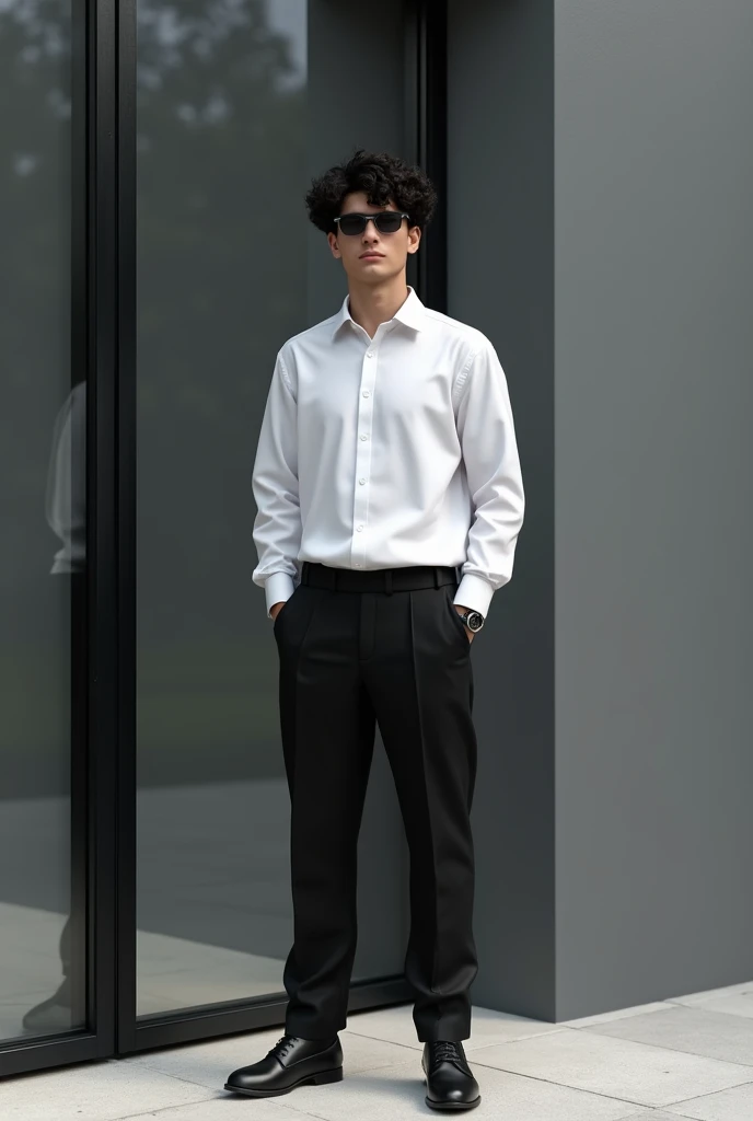 A young man with black pant and white shirt official dress.he is wearing a watch and a sunglasses.he is standing against a gray wall with black glass.his hair is dark ,short and curly.