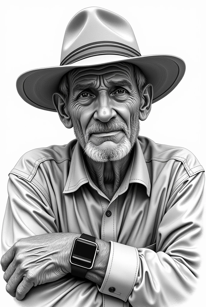 Create a black and white drawing of an old man wearing a smartwatch with a hat