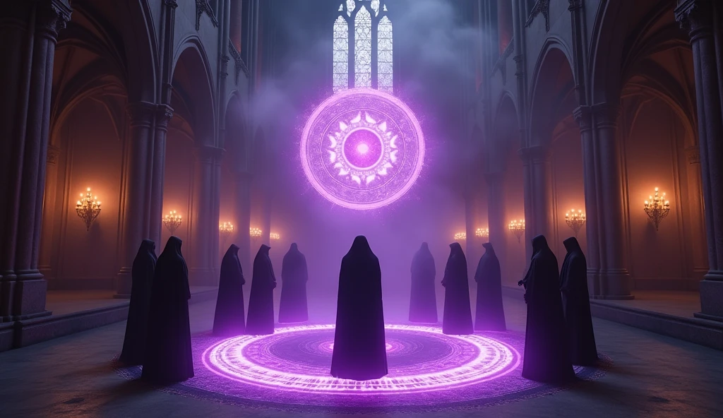 8k、(number々の賞を受賞したmasterpiece、Incredible detail、Texture、Maximum details), (summoning magic),(Angkor Wat at night (Angkor Wat) - Cambodia), (A complex and elaborate magic circle that shines Purple)arafed image of a group of people in a church with candles,lit candle, dark cinematic concept art, elegant cinematic fantasy art, photorealistic dark concept art, by Beeple, dark robes, wojtek fus, gothic epic library concept, gothic epic library, epic cinematic concept art, dark concept art, Beeple and mike winkelmann, symmetrical epic fantasy art, High resolution, masterpiece, Highest quality, Intricate details, Very detailed, Clear focus, practical skin texture, texture, Shot with Canon, 85mm, Shallow and deep, Kodak Vision Color, Exactly, Very detailed, photograph_\(Extremist\), photographpractical, practical, Post-processing, Maximum details, Roughness, Real Life, Extremist practical, Photorealism, photographgraphy, 8K Ultra HD, photographgraphy