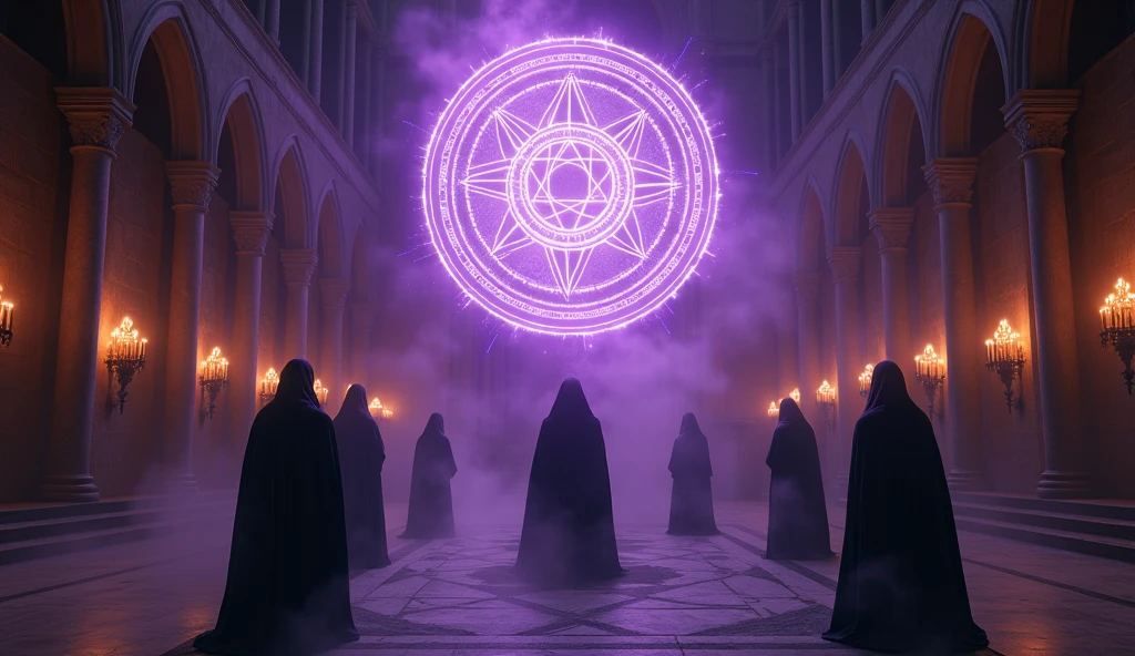 8k、(number々の賞を受賞したmasterpiece、Incredible detail、Texture、Maximum details), (summoning magic),(Angkor Wat at night (Angkor Wat) - Cambodia), (A complex and elaborate magic circle that shines Purple)arafed image of a group of people in a church with candles,lit candle, dark cinematic concept art, elegant cinematic fantasy art, photorealistic dark concept art, by Beeple, dark robes, wojtek fus, gothic epic library concept, gothic epic library, epic cinematic concept art, dark concept art, Beeple and mike winkelmann, symmetrical epic fantasy art, High resolution, masterpiece, Highest quality, Intricate details, Very detailed, Clear focus, practical skin texture, texture, Shot with Canon, 85mm, Shallow and deep, Kodak Vision Color, Exactly, Very detailed, photograph_\(Extremist\), photographpractical, practical, Post-processing, Maximum details, Roughness, Real Life, Extremist practical, Photorealism, photographgraphy, 8K Ultra HD, photographgraphy