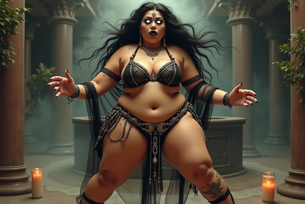 indian astrology,Looks like Aparna Dixit, full body Closeup shot, Big chubby aunty, milf, cougar lady witch, horny Gothic milf, 50 years old gorgeous mature lady, pervert demoness, demoness of lust, curvy, black lips, horny face, extremely gorgeous, thick figure, heavy physique, voluptuous, curvy, sexy figure, Fashionable portrait of androgynous alien looking witch wearing veil, glowing eyes, futuristic design, minimal details, givenchy, photoreal, 200mm, hd, f/ 2.0, highly detailed, surreal, sexy beautiful evil woman, sexy bold sequin Saree with strapless Bra, chudail, Pishachini, horror genre, blood-thirsty enchantress, powerful female spirit, eerie, drop dead, in the style of red and blue, (intricate details, hyperdetailed:1.15) (skin texture:1.2), dark Moody tone, cinematic lighting, haunted place in background, Fortune telling hall