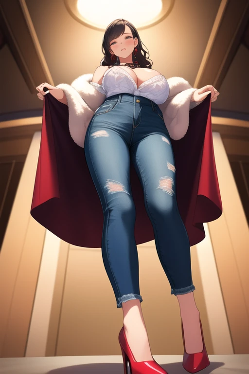 ((Best Quality)), ((masterpiece)), (detailed), 1 girl, off shoulder sweater, blue jeans, neckline, wavy fur,26 years, Red high heels, big breasts,wide hip,((view from below)),(Whole body))