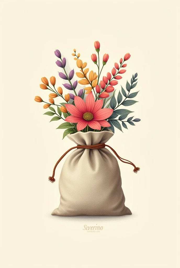 Draw me a logo for scented sachets, with a woven cloth bag and aromatic flowers coming out with vintage colors