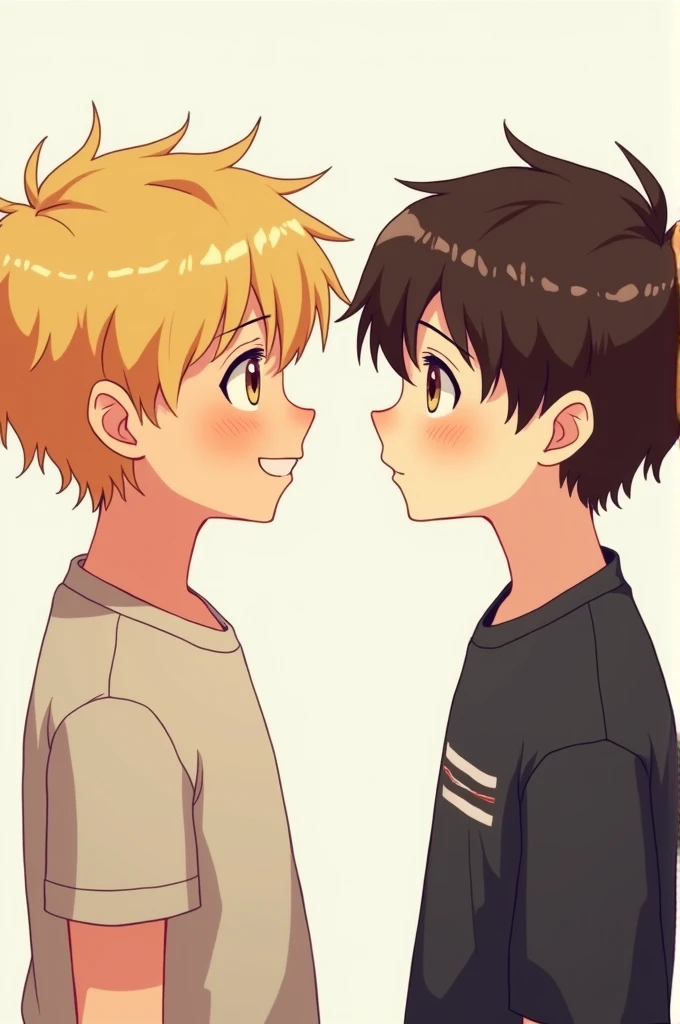 Two 7 year old boys, one blond and one brunette, both must be in profile, one looking at the other, the style should be similar to a fanart