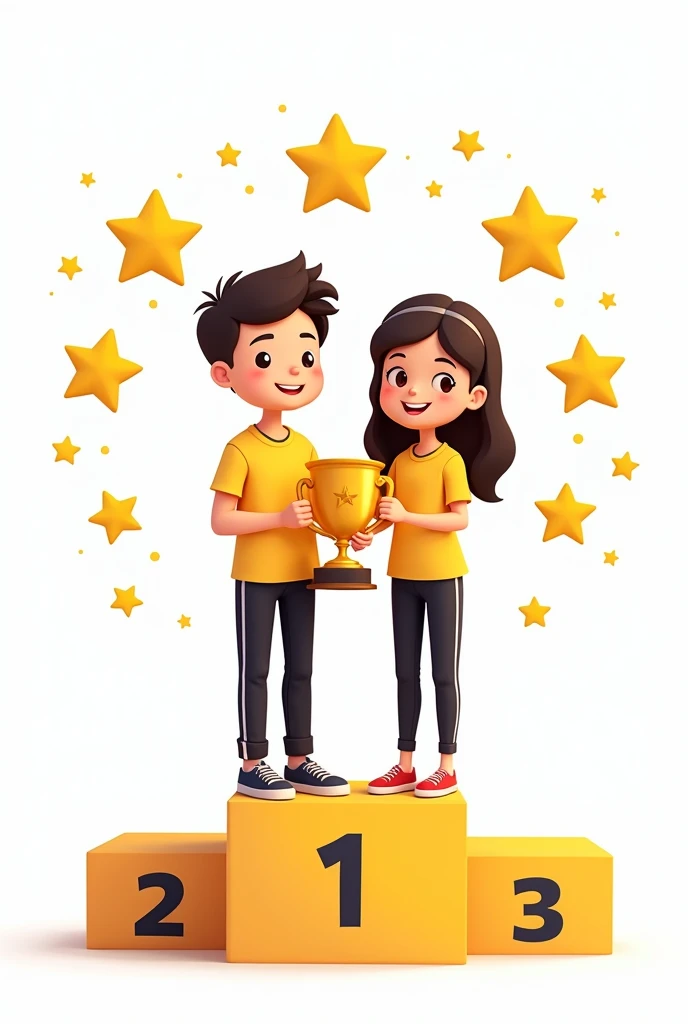 Boy and girl on a podium holding a sports cup dressed in dark yellow shirts and long black pants with a white background with five golden stars in a cartoon shape with the phrase THE REAL BOSSES