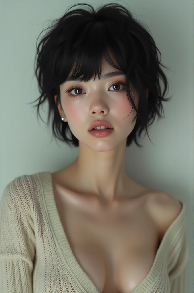 (masterpiece:1.3), (8k, photorealistic, raw photo, Best Quality: 1.4), (1 girl), beautiful face, (realistic face), (black fur, short hair:1.3), beautiful hairstyle, realistic eyes, beautiful detailed eyes, (Realistic skin), beautiful skin, (sweater), absurdities, attractive, ultra high resolution, ultra realistic, Very detailed, nude