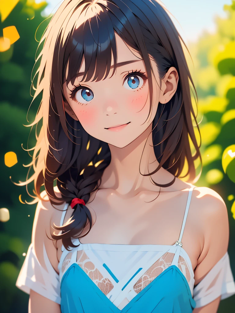 one girl、smile:0.1、pretty girl、brown hair、baby face、young、delicate girl、Upper body、small breasts、unreasonable precision、Super detailed、camisole、completely flat、Honesty、thin arms, professional lighting, film grain, chromatic aberration, (Eye and face details:1.0), (Bokeh:1.1)、school swimwear)))、software:1.5)))、 highest quality, 8k, 14 years,