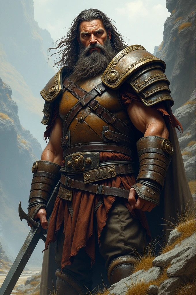 Man with beard, long hair and leather armor